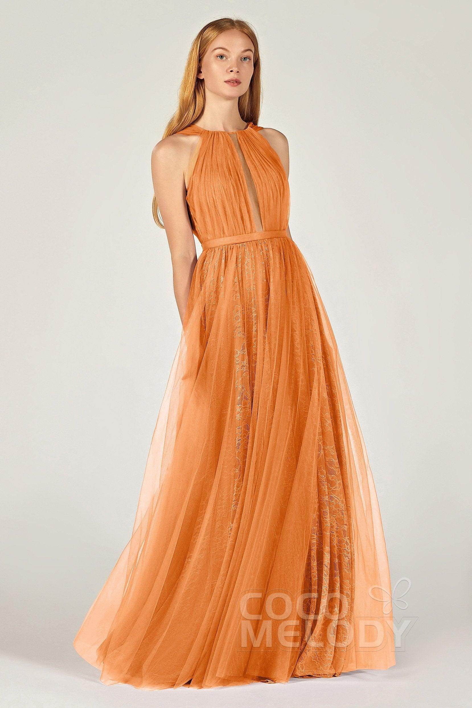 A-Line Floor Length Tulle/Lace Bridesmaid Dress CB0376 - COCOMELODY